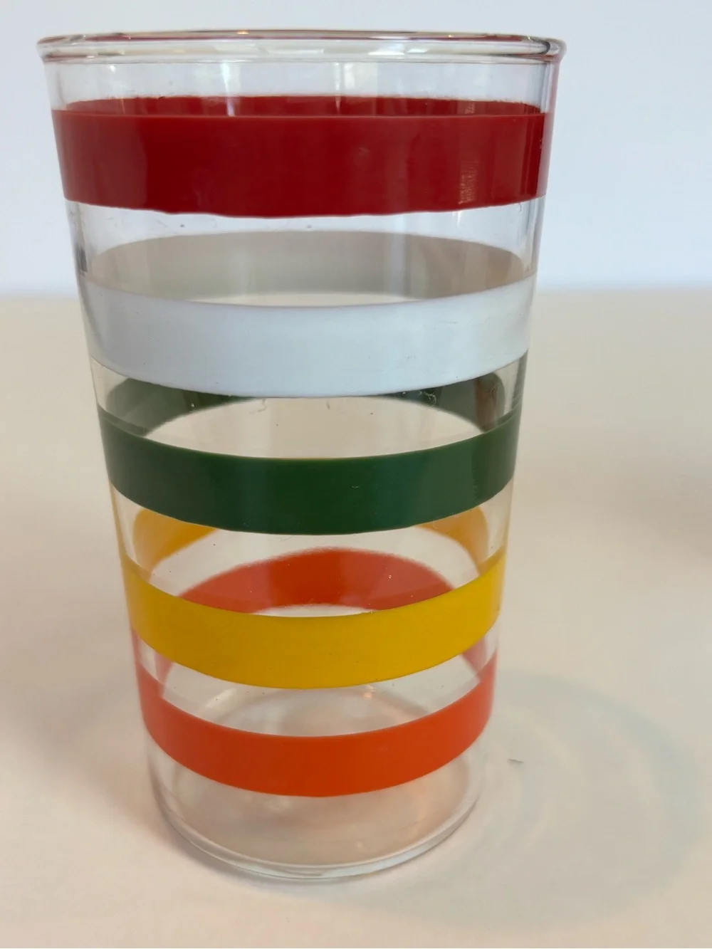 Vintage MCM Fiesta Stripe Glass Tumblers Set of 2 Rainbow Banded 4.75”